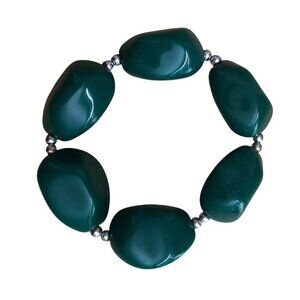 Vintage Lucite Jade Green & Silver Tone Beads Chunky Stretch Bracelet